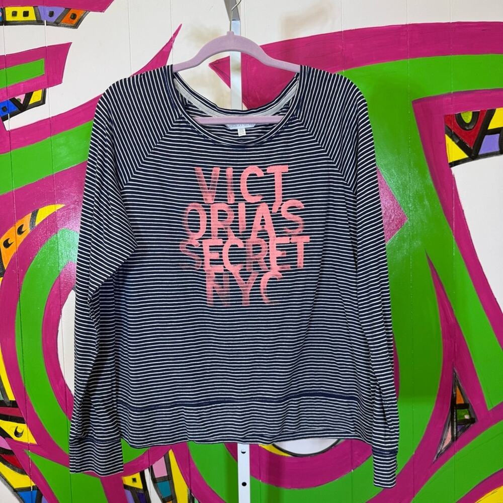 Victoria's Secret Navy and White Striped Top, Glittery Pink Print. Size XL